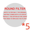 Red text on gray circular back of mint green smoke removal air purification ashtray indicates round filter replacement
