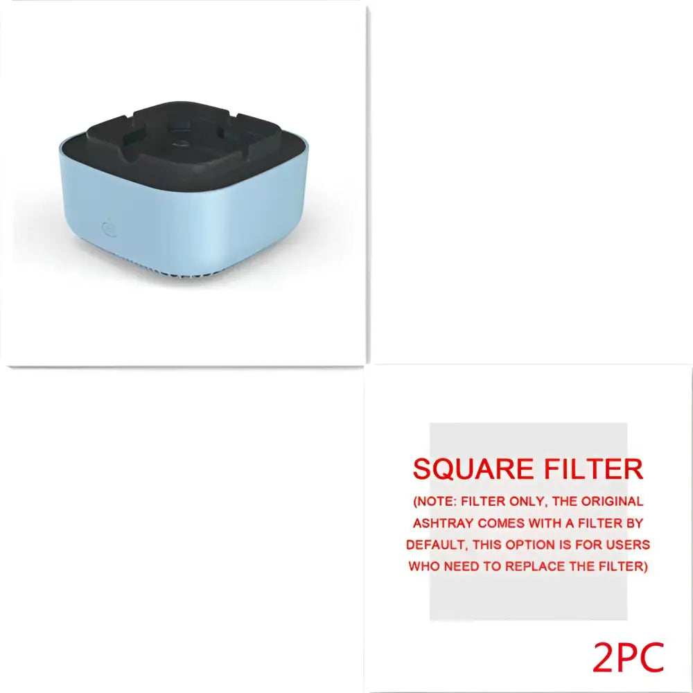 Light blue square air purification ashtray with black top and ventilation slots for effective green smoke removal air