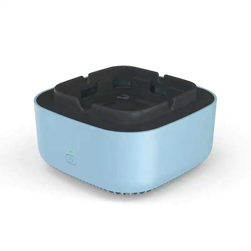 Mint green air purification ashtray with light blue rectangular body and black molded top for smoke removal air