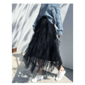 Black tiered tulle skirt with flowing layered design featuring mesh stitching in a mint green tiered style alternative