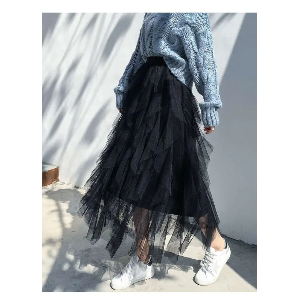 Black tiered tulle skirt with flowing layered design featuring mesh stitching in a mint green tiered style alternative
