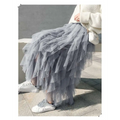 A flowing gray tulle skirt with ruffled hemline featuring mesh stitching paired with a mint green tiered design
