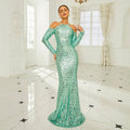 A shimmering mint green long sleeve sequined sheath fishtail dress with off-the-shoulder straps for banquets