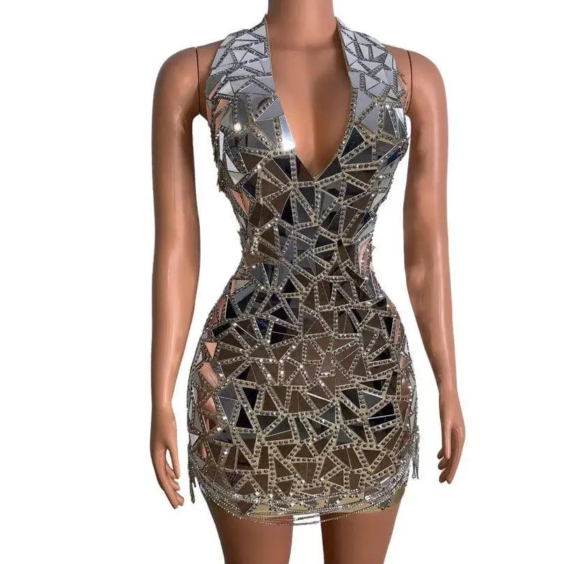 A shimmering sleeveless form-fitting mini dress with mirrored triangles and rhinestones for nightclub dj female stage performances