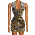 A shimmering form-fitting mini dress with fragmented mirror pieces and a sparkling beaded hem for nightclub dj female stage performances