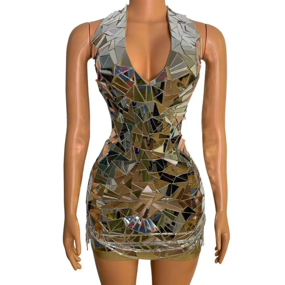 A shimmering form-fitting mini dress with fragmented mirror pieces and a sparkling beaded hem for nightclub dj female stage performances