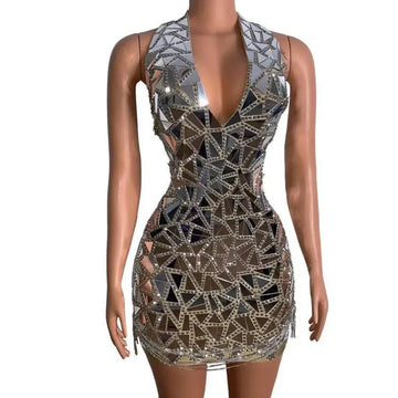 A shimmering sleeveless form-fitting mini dress with mirrored triangles and rhinestones for nightclub dj female stage performances
