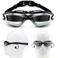 Black and silver waterproof swimming goggles with mirrored lenses and adjustable silicone straps in a sleek modern design