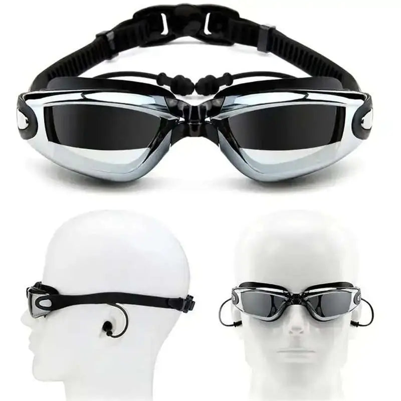 Black and silver waterproof swimming goggles with mirrored lenses and adjustable silicone straps in a sleek modern design