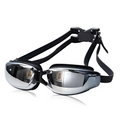 Silver mirrored waterproof swimming goggles with black adjustable straps and sleek modern design for swimming use