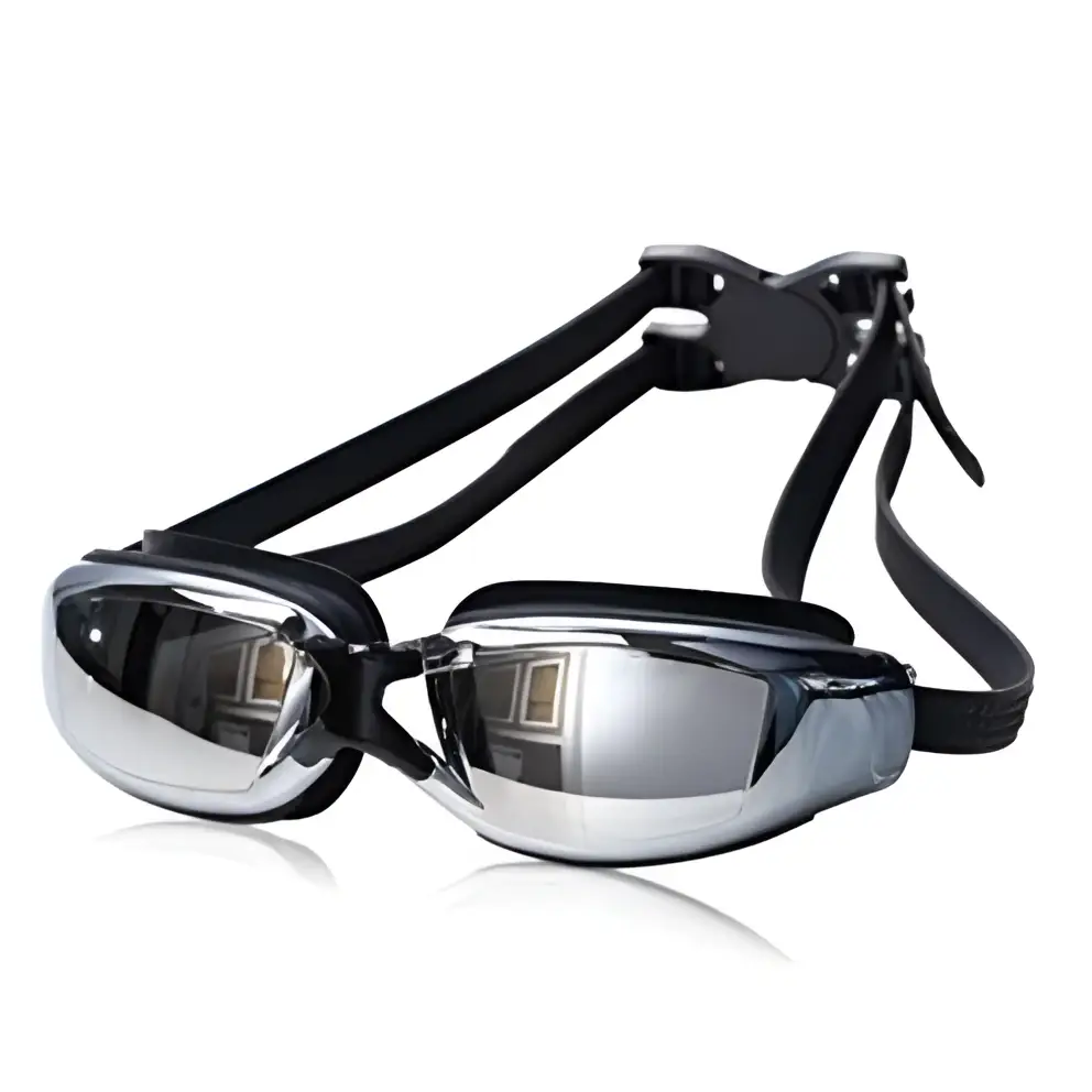 Silver mirrored waterproof swimming goggles with black adjustable straps and sleek modern design for swimming use