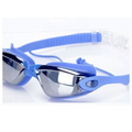 Blue waterproof swimming goggles with mirrored waterproof swimming lenses and flexible silicone strap in sleek modern design