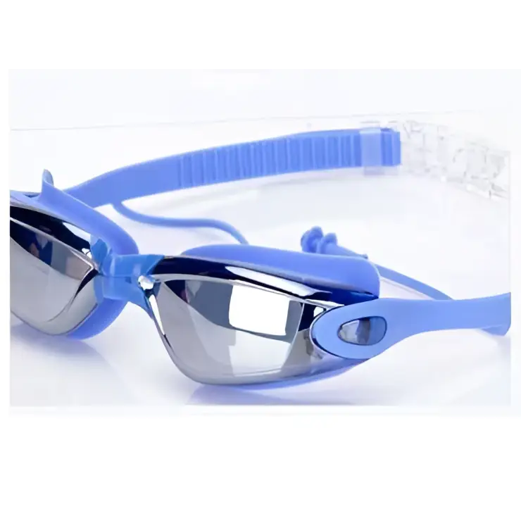 Blue waterproof swimming goggles with mirrored waterproof swimming lenses and flexible silicone strap in sleek modern design