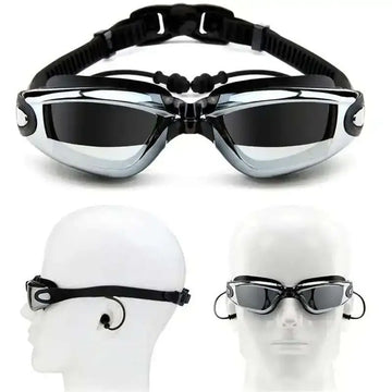 Black and silver waterproof swimming goggles with mirrored lenses and adjustable silicone straps in a sleek modern design