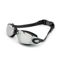 Black and silver waterproof swimming goggles with sleek modern design and mirrored waterproof swimming lenses
