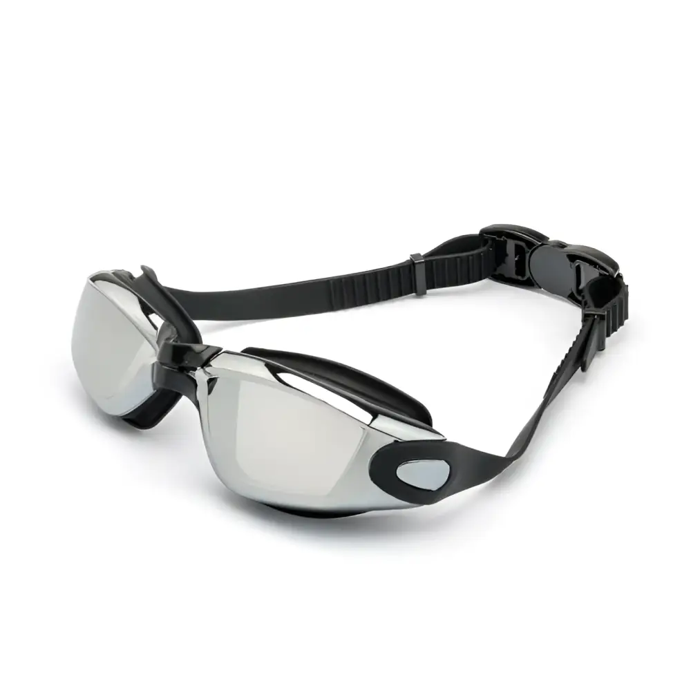 Black and silver waterproof swimming goggles with sleek modern design and mirrored waterproof swimming lenses