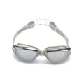 Silver mirrored waterproof swimming goggles with sleek modern design and adjustable gray silicone straps