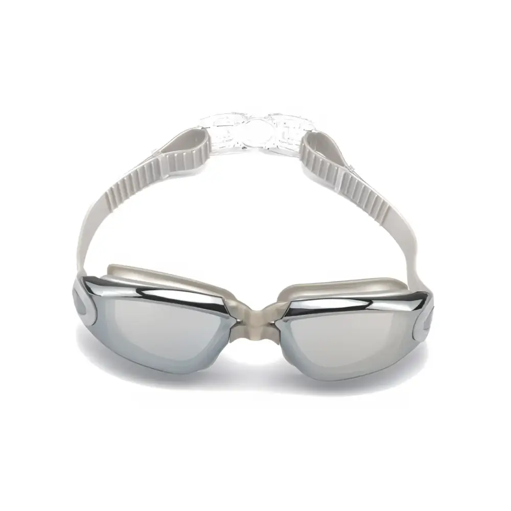 Silver mirrored waterproof swimming goggles with sleek modern design and adjustable gray silicone straps
