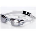 Silver-framed mirrored waterproof swimming goggles with a white adjustable strap and black buckle in sleek modern design