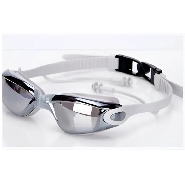 Silver-framed mirrored waterproof swimming goggles with a white adjustable strap and black buckle in sleek modern design