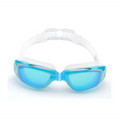 Blue mirrored waterproof swimming goggles with white silicone straps and clear adjustable buckle in sleek modern design