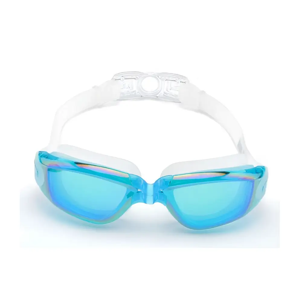 Blue mirrored waterproof swimming goggles with white silicone straps and clear adjustable buckle in sleek modern design