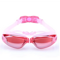 Pink mirrored waterproof swimming goggles with translucent red lenses and adjustable strap in sleek modern design