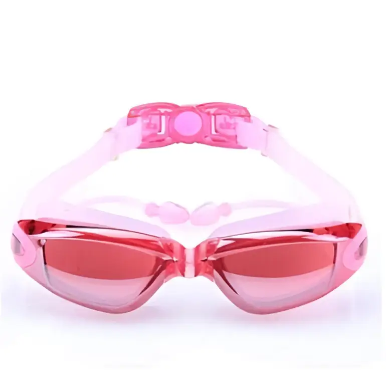 Pink mirrored waterproof swimming goggles with translucent red lenses and adjustable strap in sleek modern design