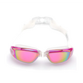 Iridescent pink mirrored waterproof swimming goggles with rainbow tint and clear flexible silicone straps in sleek modern design