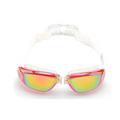 Mirrored waterproof swimming goggles with iridescent gradient lenses, red and pink frames, clear bridge, and white strap
