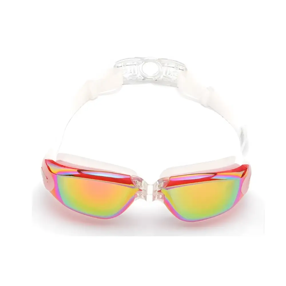 Mirrored waterproof swimming goggles with iridescent gradient lenses, red and pink frames, clear bridge, and white strap