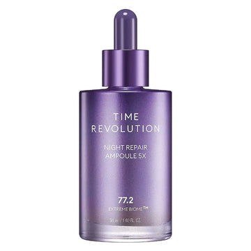 A sleek translucent purple glass bottle with metallic dropper cap labeled missha time revolution night repair ampoule 5x triple fermentation