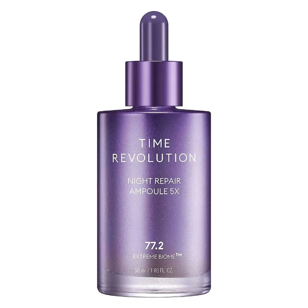 A sleek translucent purple glass bottle of missha time revolution night repair ampoule 5x with metallic dropper cap and triple fermentation formula