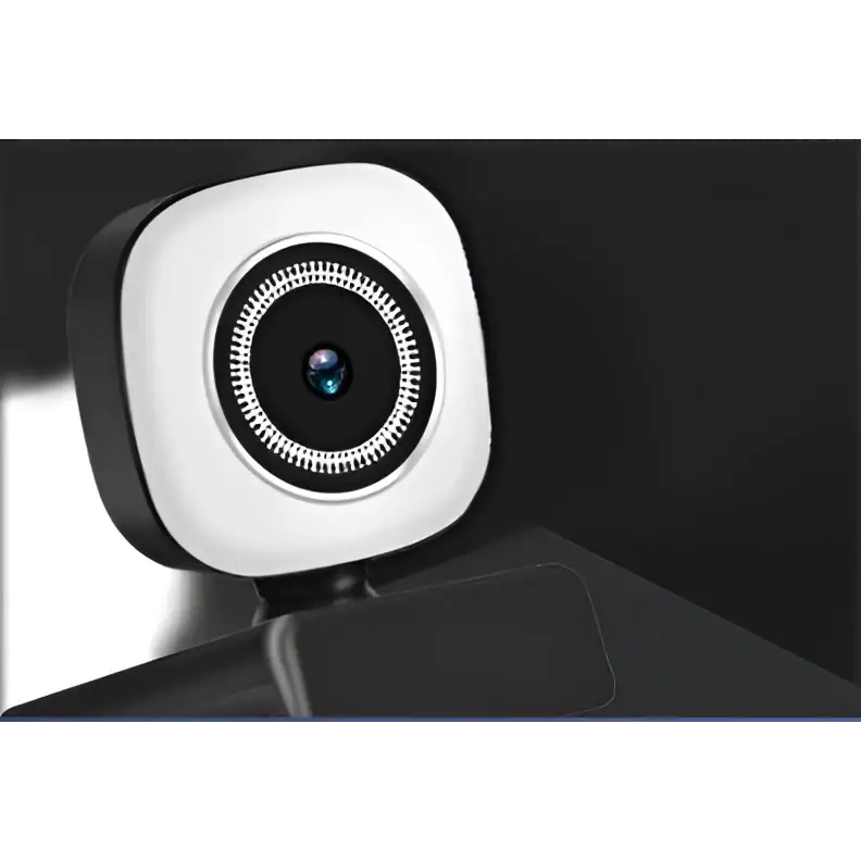 Model 4k live white computer camera with a black circular lens surrounded by a ring of small lights for broadcast use