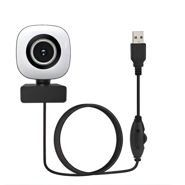 White square model 4k live black computer camera with circular lens and silver ring connected by coiled usb cable