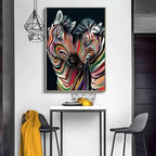Modern abstract zebra canvas painting with vibrant swirling rainbow stripes on a black background for decor
