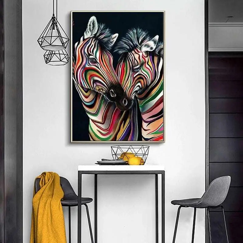 Modern abstract zebra canvas painting with vibrant swirling rainbow stripes on a black background for decor
