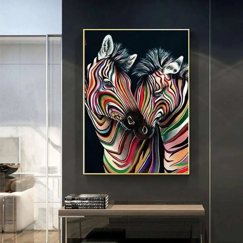 Modern abstract zebra canvas painting featuring two zebras with swirling rainbow stripes on black background