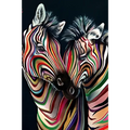 Modern abstract zebra canvas painting featuring vibrant multicolored zebra heads with swirling rainbow stripes