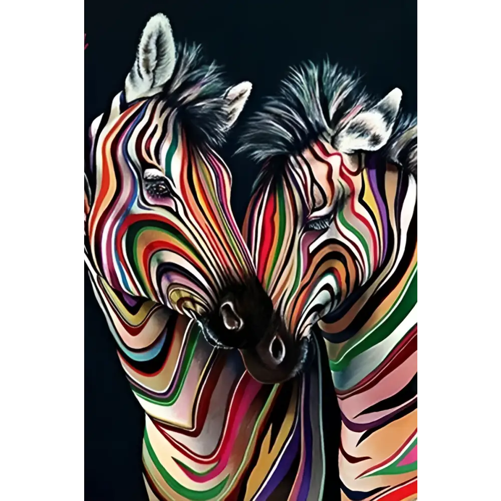 Modern abstract zebra canvas painting featuring vibrant multicolored zebra heads with swirling rainbow stripes