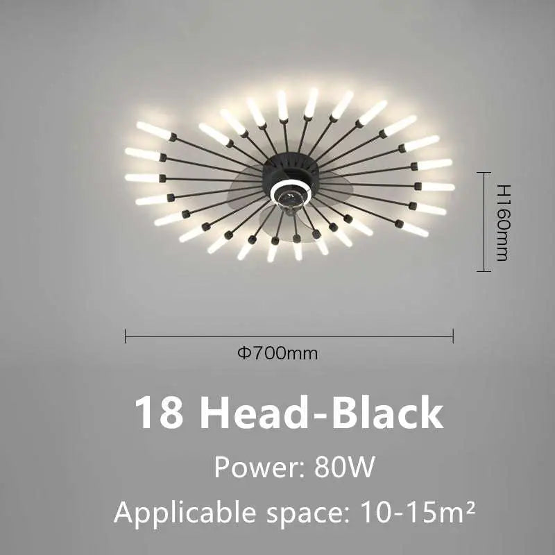 Black modern atmosphere household ceiling light with 18 frosted led bulbs arranged in a radial simple bedroom fan lamp design