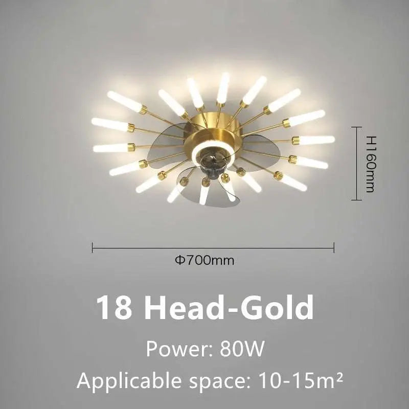 Modern atmosphere household gold-finished ceiling fan with 18 frosted glass arms for a simple bedroom fan lamp