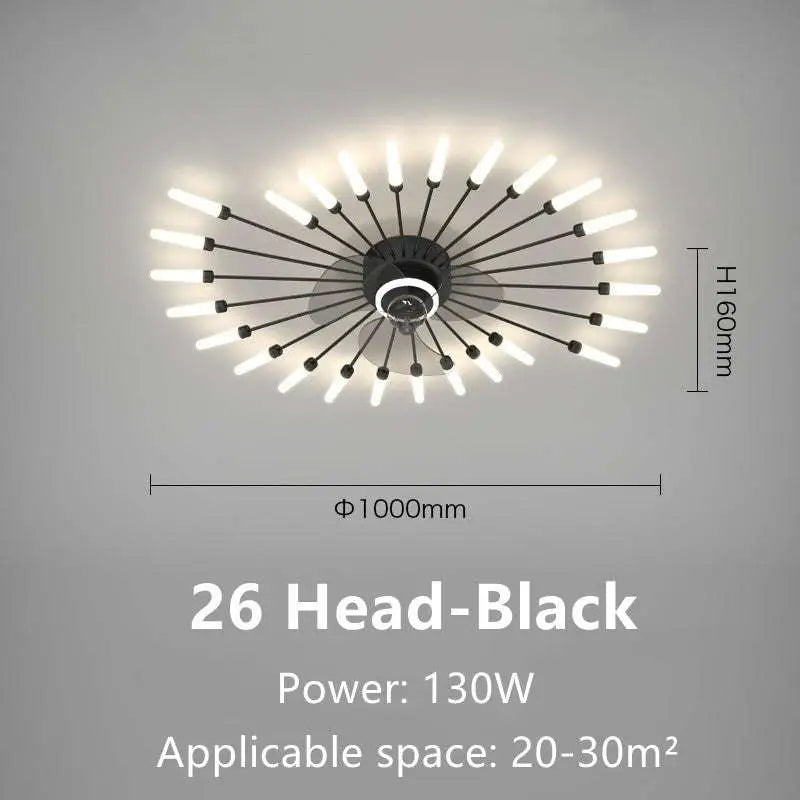 Black modern atmosphere household simple bedroom fan lamp with 26 frosted glass bulbs in a radial pattern