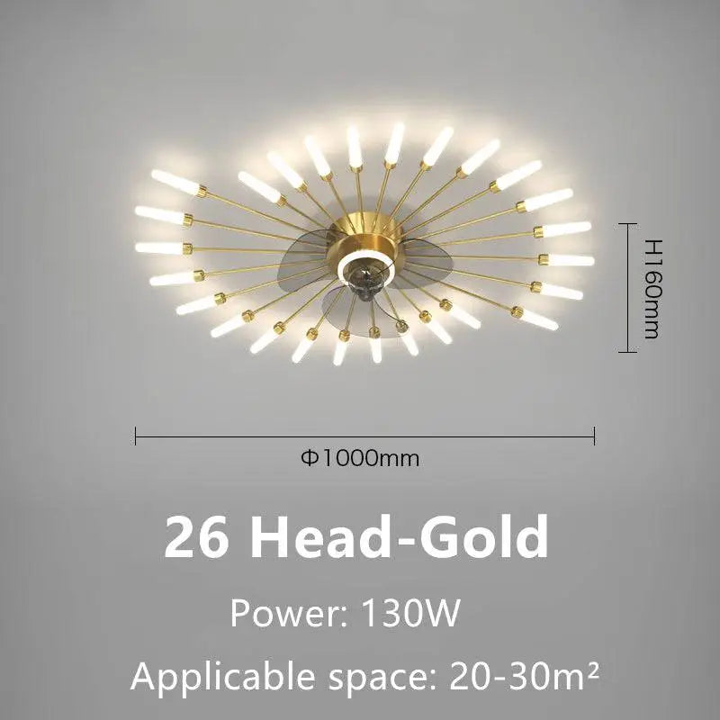 Gold modern atmosphere household ceiling light fixture with 26 slender arms and frosted bulbs for simple bedroom fan lamp