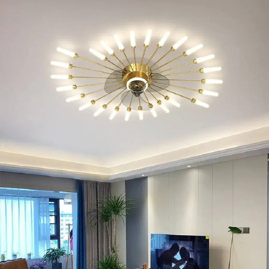 Modern atmosphere household simple bedroom fan lamp with gold-toned starburst design and frosted glass rods ceiling light