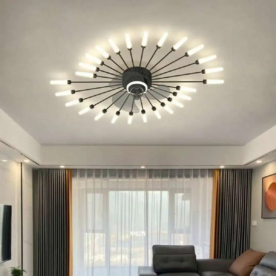 Modern atmosphere household simple bedroom fan lamp featuring a black ceiling fan with integrated led starburst lights