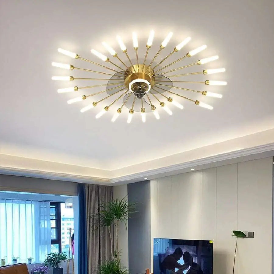 Gold-toned modern atmosphere household ceiling light fixture with radial slender arms and cylindrical bulbs for bedroom fan lamp