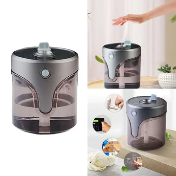 A sleek modern auto alcohol dispenser with translucent gray cylindrical design and black accents for touchless hand washing