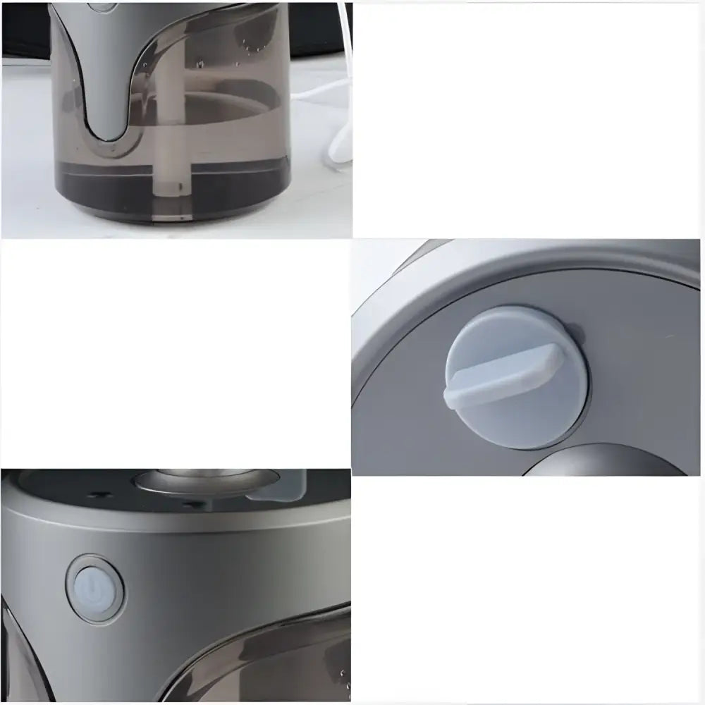 Modern auto alcohol dispenser handsanitizer with gray translucent plastic cylindrical design and circular dial control for touchless hand washing
