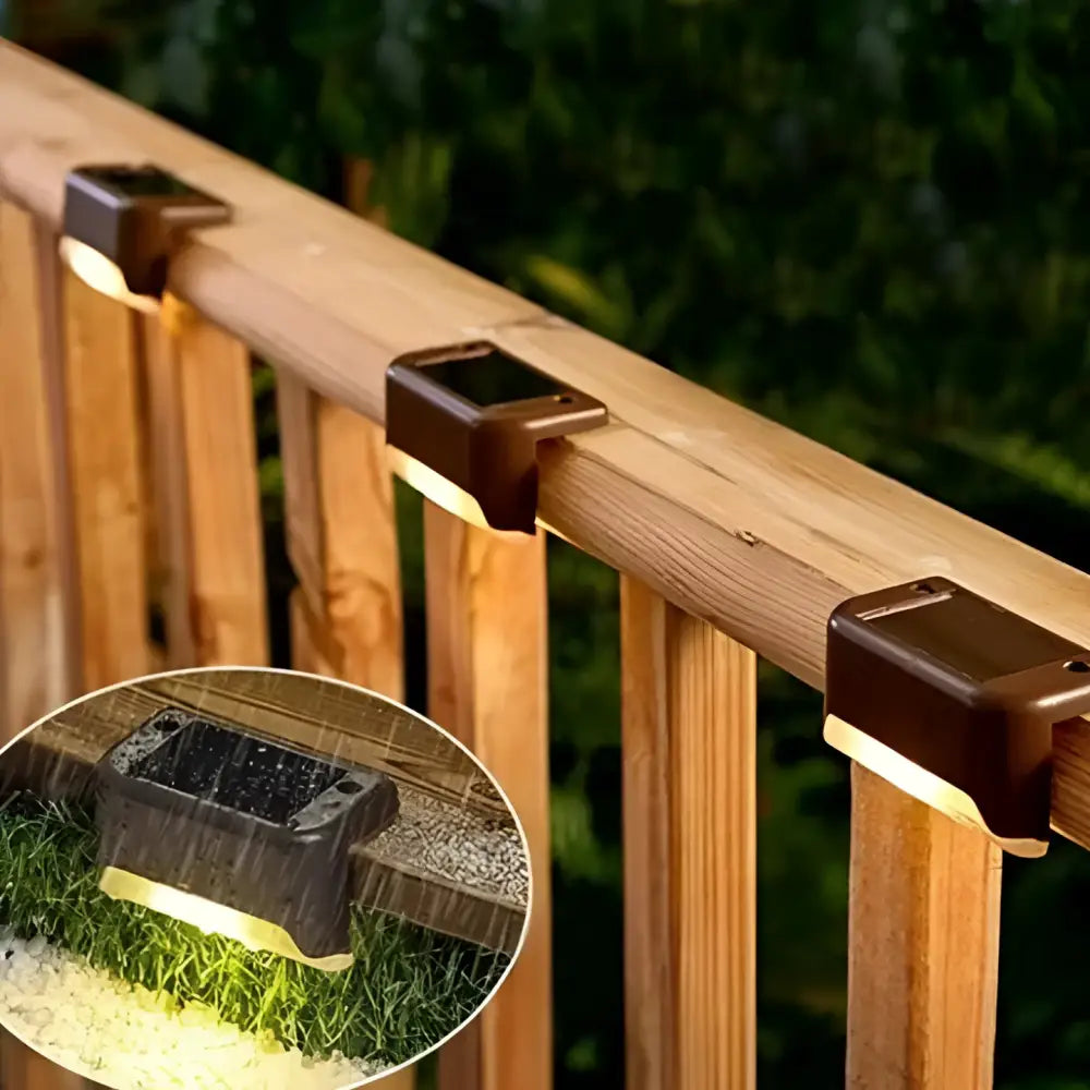 Brown plastic solar-powered deck rail light with rectangular design and integrated led strip for yellow staircase solar lights